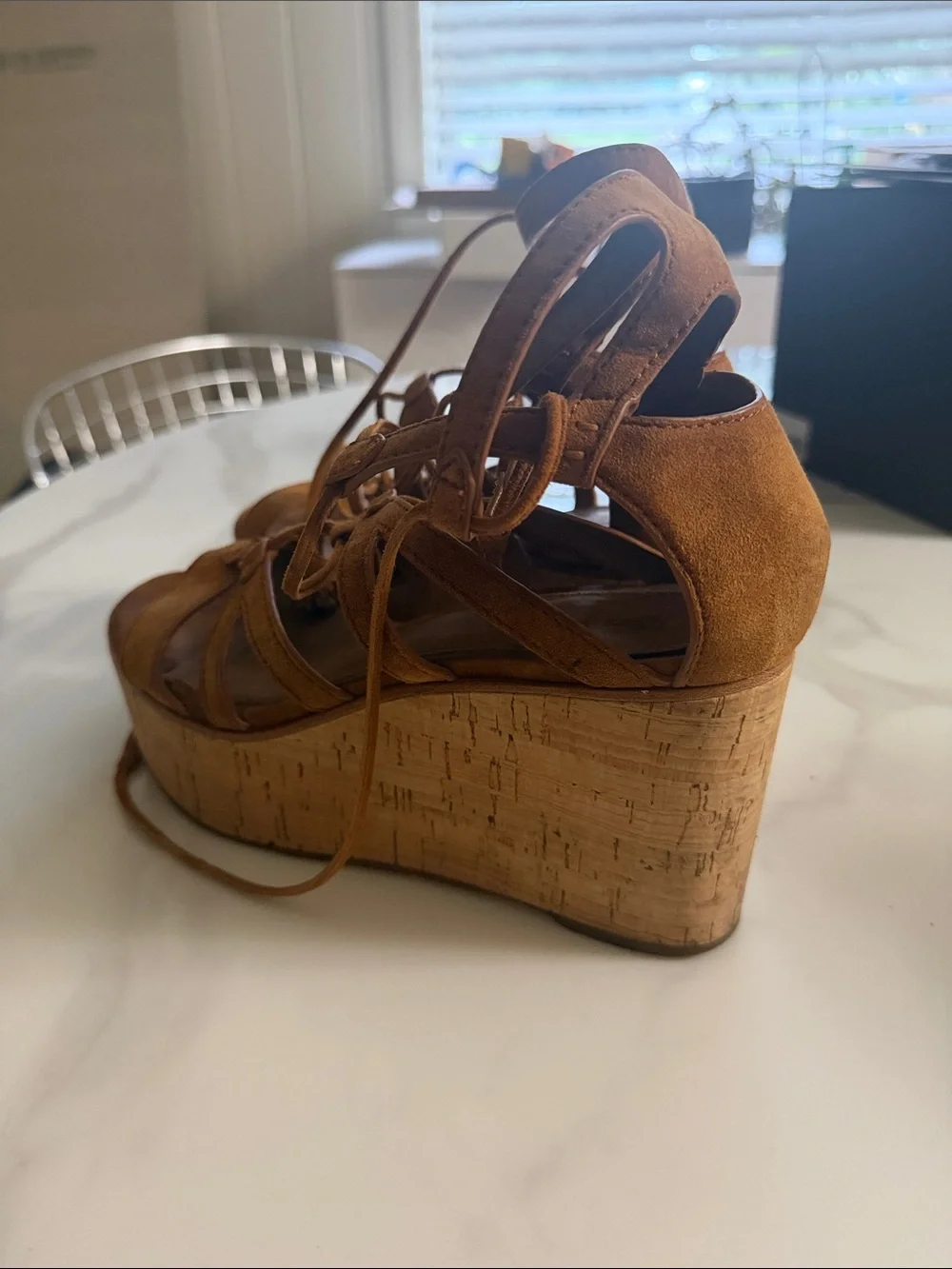 Frye Tan Suede Cork Platform Lace-Up Wedges